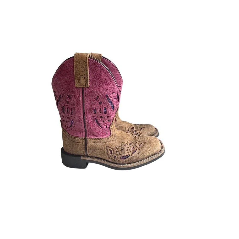 Shyanne Kids Brown Pink Glitter Cutout Western Cowboy Boots 12 D Style 43161